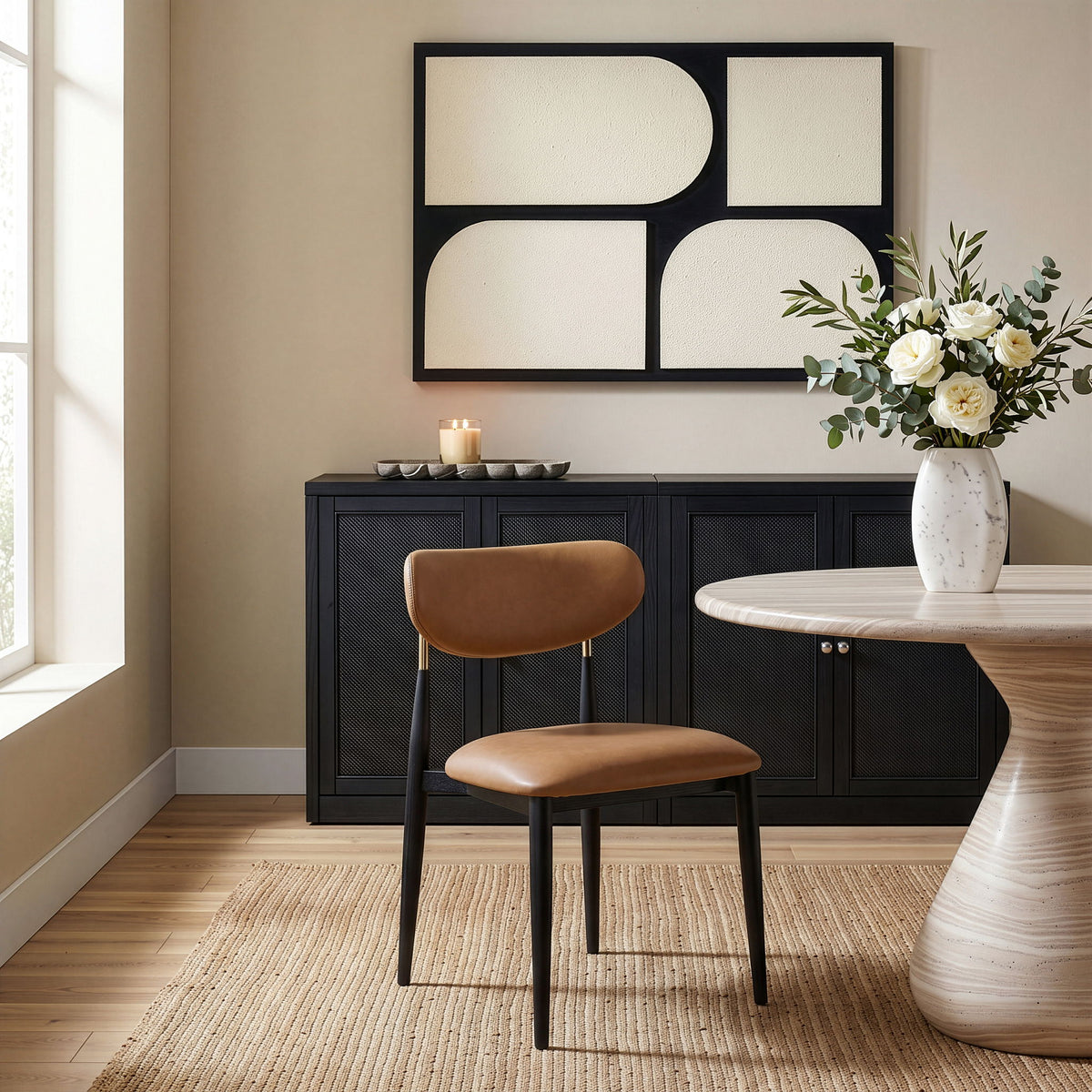 Dining side chair with brown upholstered seat and back, black legs