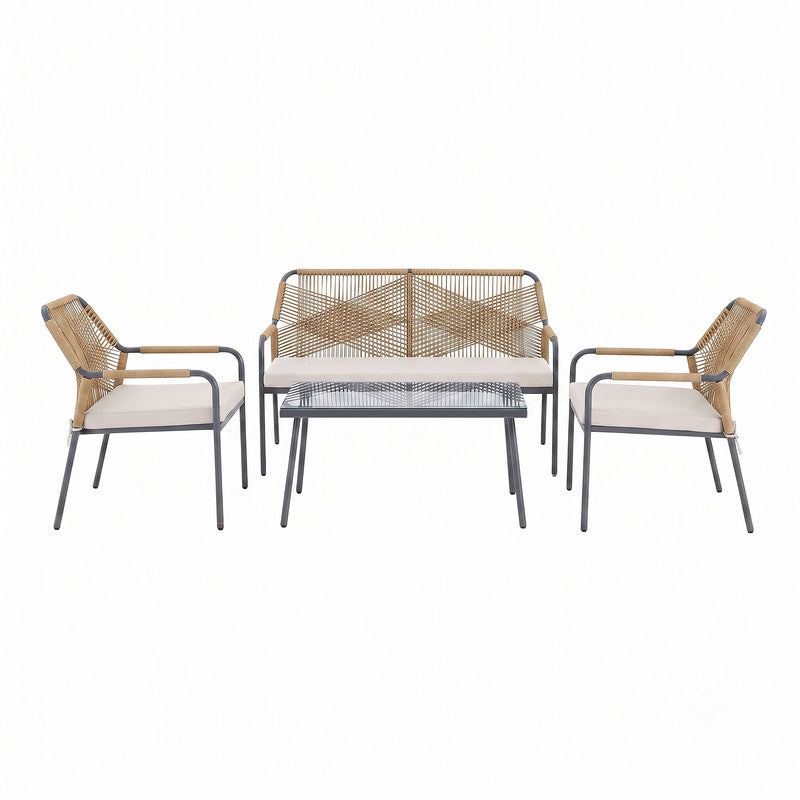 Outdoor 4-piece conversation set with light brown frames and light seat cushions