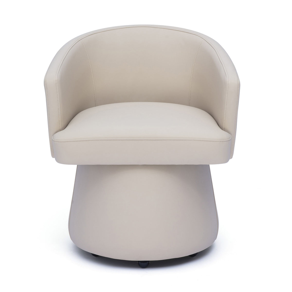 Beige faux leather desk chair with rounded back, cushioned seat, and swivel base