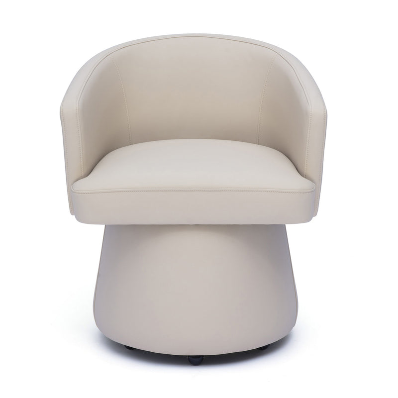 Beige faux leather desk chair with rounded back, cushioned seat, and swivel base