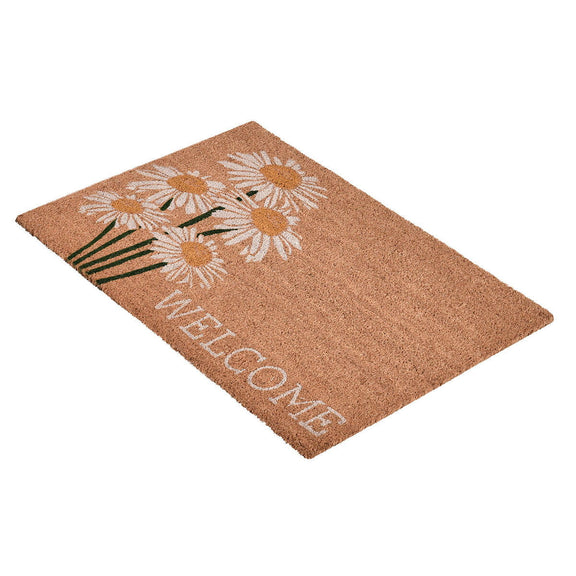 Doormat with daisy print and “WELCOME” lettering on brown coir