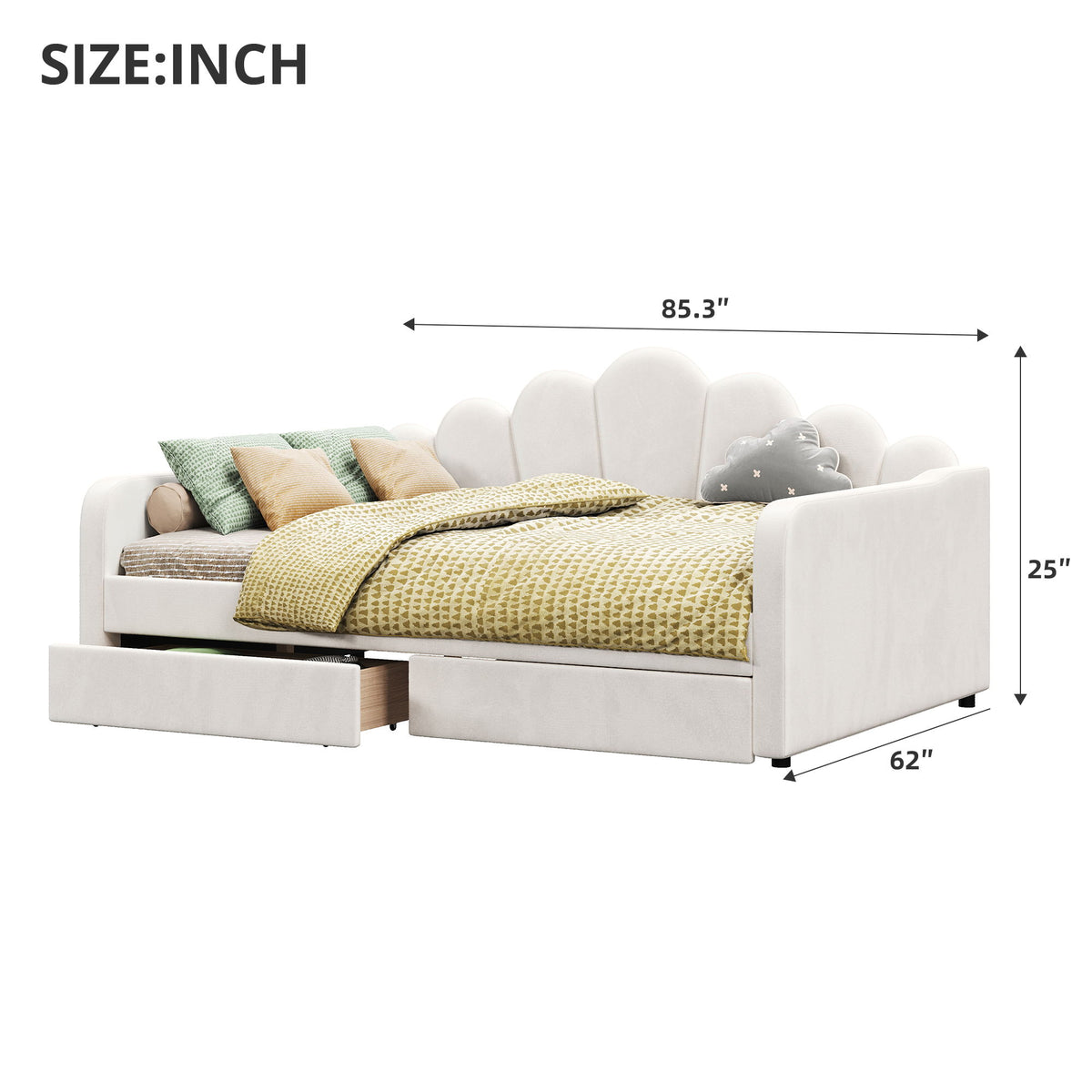 White upholstered daybed frame with shell headboard and slatted mattress platform