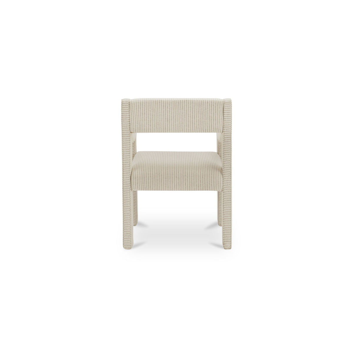 Front view of a beige striped dining chair with a padded seat and open back.