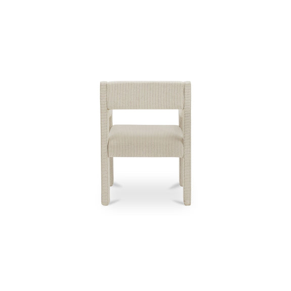 Front view of a beige striped dining chair with a padded seat and open back.