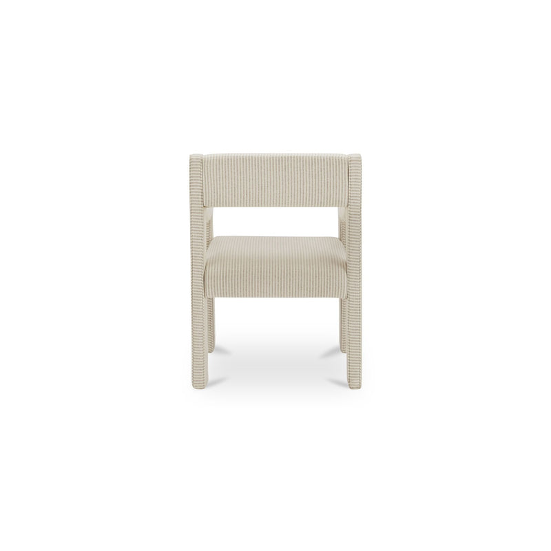 Front view of a beige striped dining chair with a padded seat and open back.