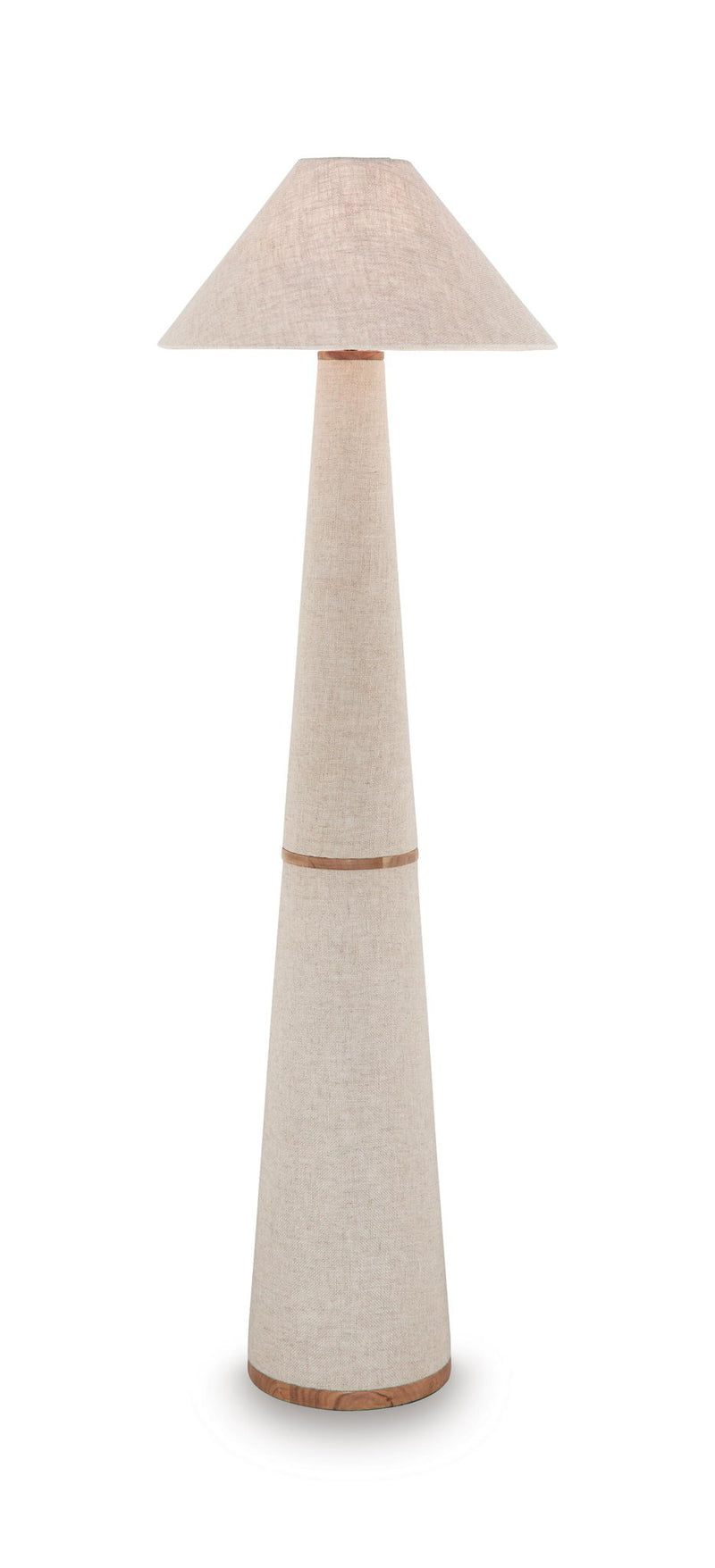 Beige fabric lampshade on tall metal lamp with slender stem and wood-tone base ring