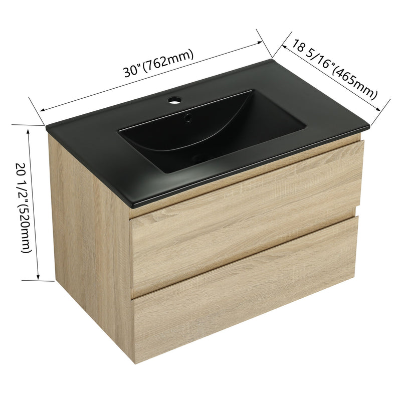 Wall-mounted bathroom vanity with black sink, light wood cabinet, 2 drawer fronts, 30in width