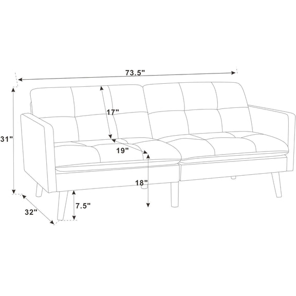 Futon sofa dimension diagram showing seat and overall measurements
