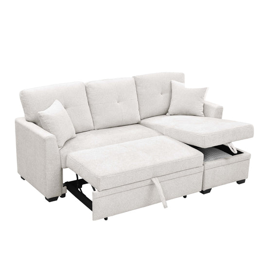 Light beige upholstered sectional with pull-out bed extended and seat cushions