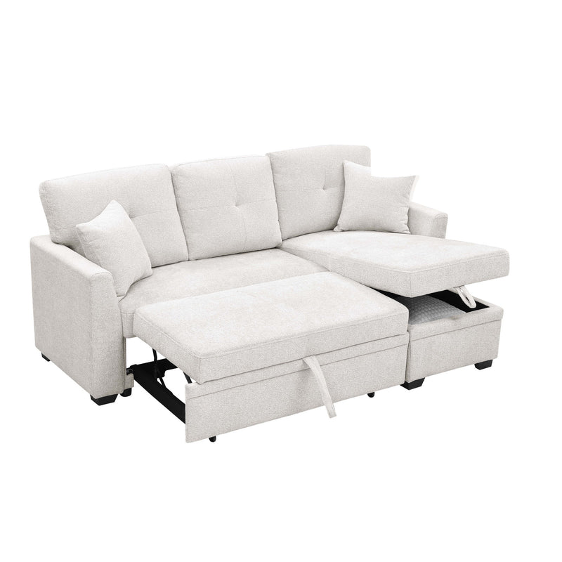 Light beige upholstered sectional with pull-out bed extended and seat cushions
