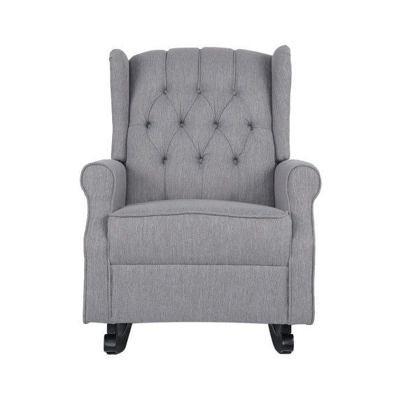Gray fabric tufted wingback rocking chair with padded arms and black curved rockers