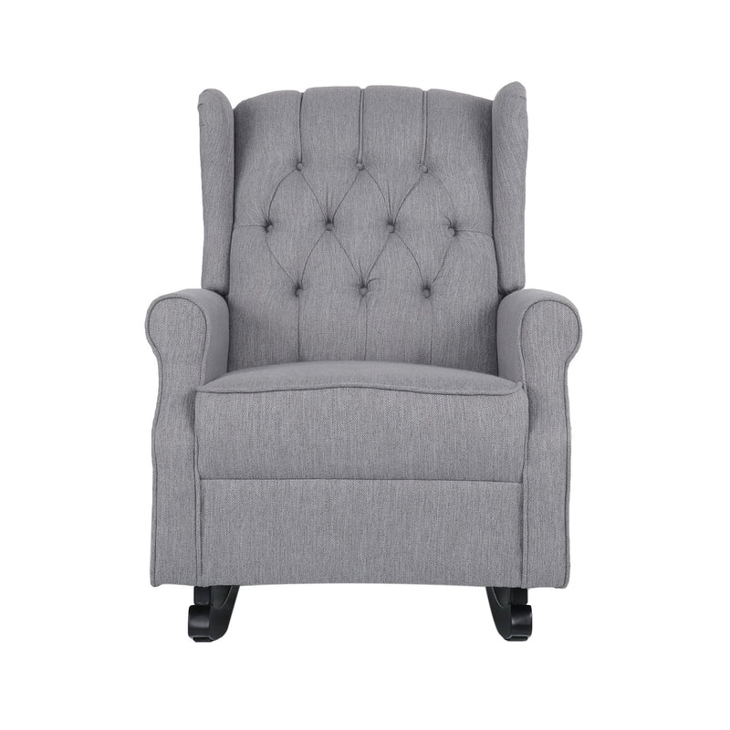 Gray fabric tufted wingback rocking chair with padded arms and black curved rockers