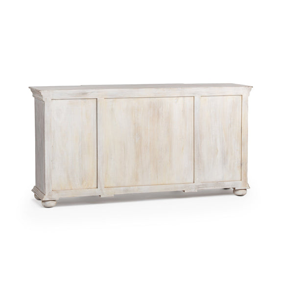 Heritage cream breakfront cabinet with panel doors and bun feet