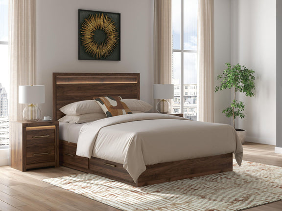 Light brown panel storage bed with white bedding, headboard, and two drawer storage units