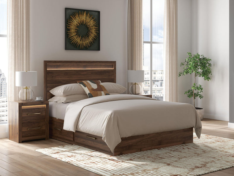 Light brown panel storage bed with white bedding, headboard, and two drawer storage units