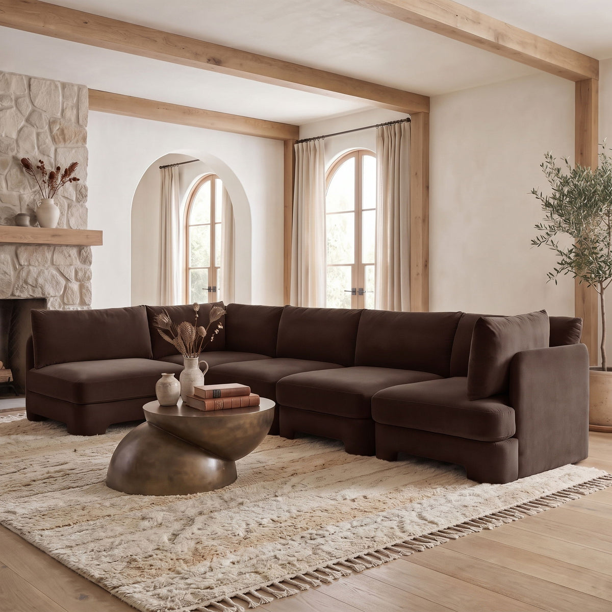 Dark brown velvet L-shaped sectional sofa with chaise and deep seat cushions
