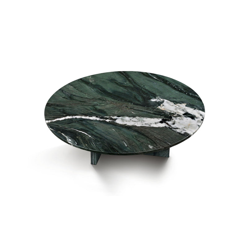 Round dark green veined marble coffee table with two-tone stone pedestal supports
