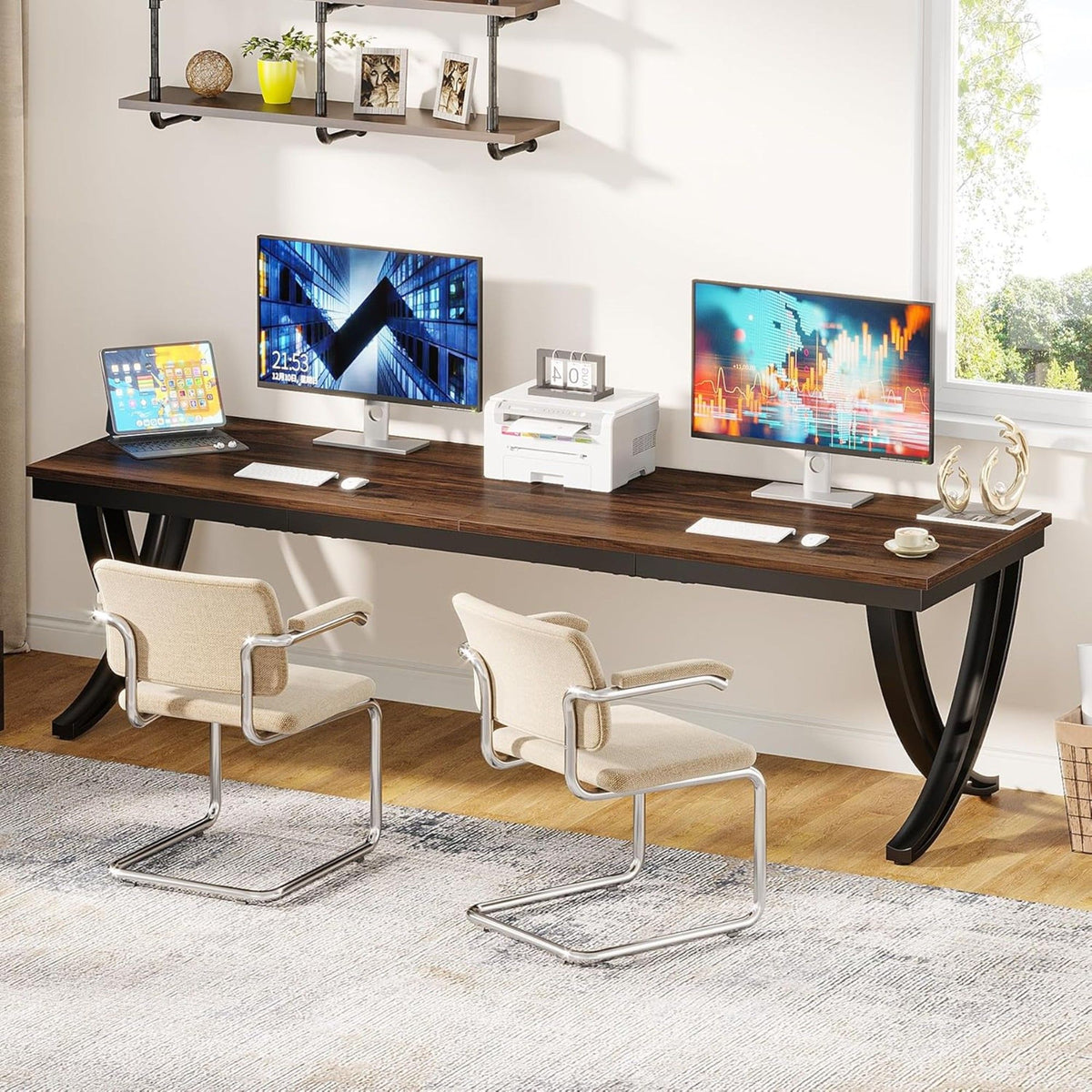 2 Person Desk With X Legs, Extra Long Office Workstation - Brown / Black