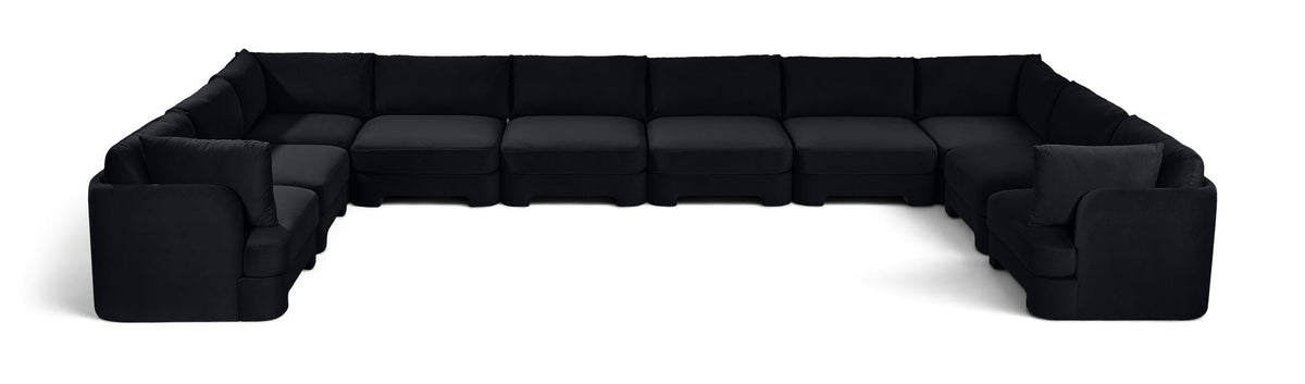 10-piece velvet sectional sofa, black modular L-shape with chaise and ottoman-style seats.