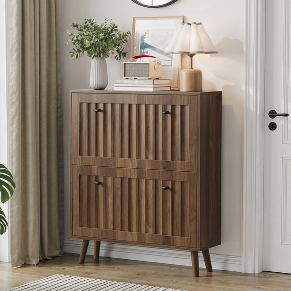 Walnut shoe cabinet with two front doors, mid shelf, and tapered wooden legs.