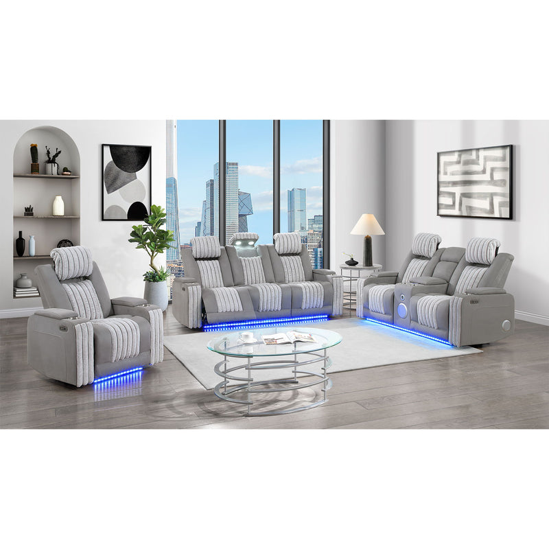 Power reclining set with power headrests, light gray chairs with blue LED base strips
