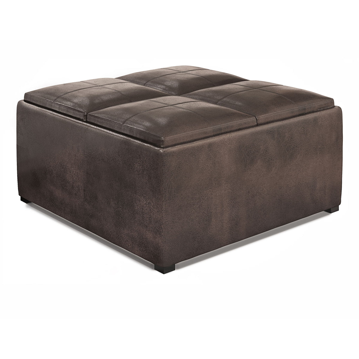 Dark brown square upholstered storage ottoman with tufted top and hinged lift-up lid