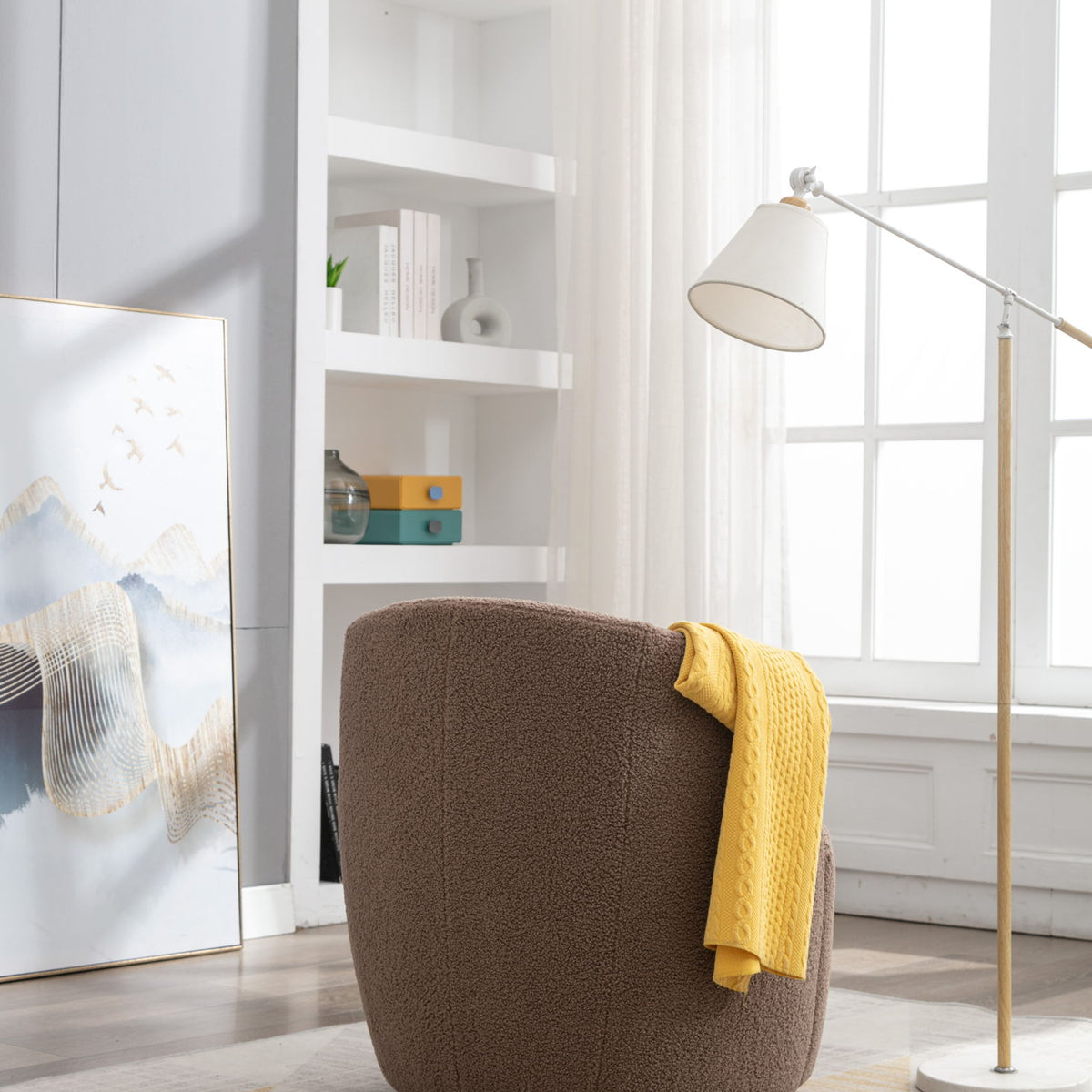 Teddy Fabric Swivel Accent Armchair Barrel Chair With Powder Coating Metal Ring
