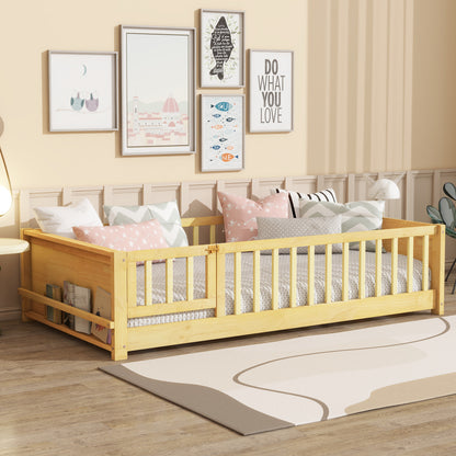 Twin Size Floor Bed with Built-in Book Rack and Door, Natural