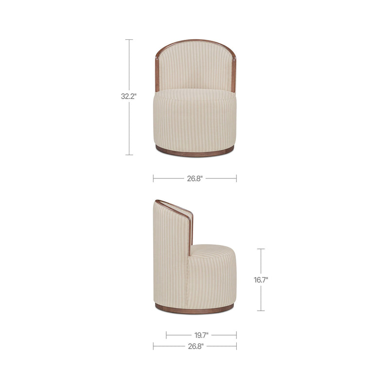 Swivel dining chair with beige vertical stripe upholstery; front/side views, measured