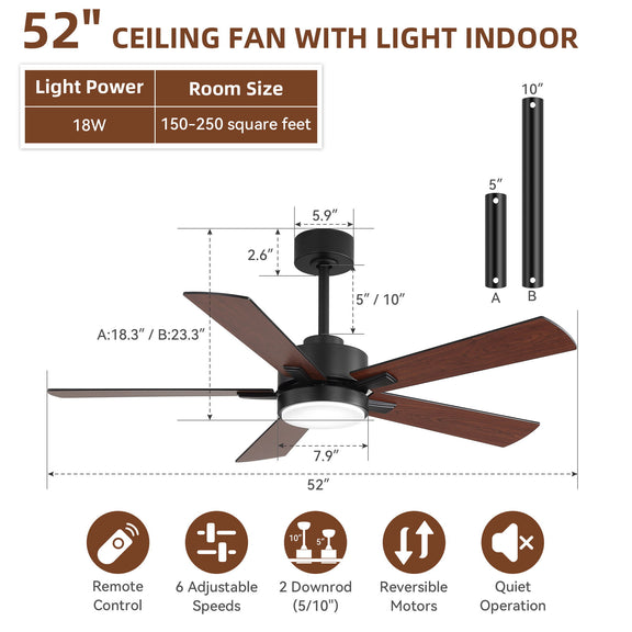 Black ceiling fan with integrated light and reversible dark and wood-tone blades
