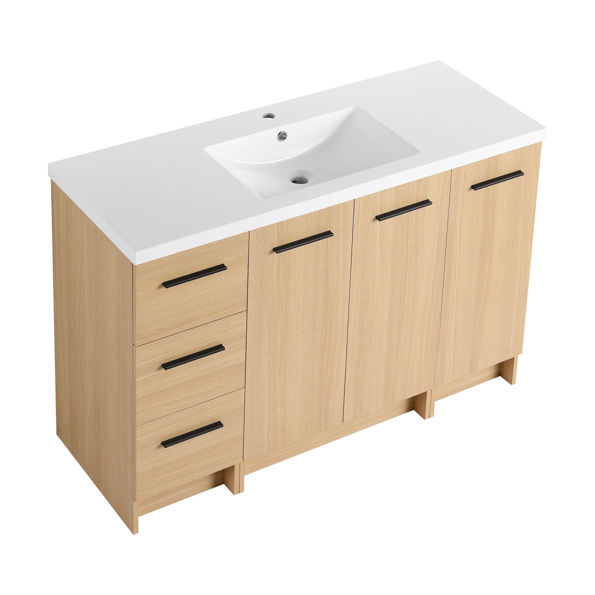 Light brown modular bathroom vanity with white top, rectangular sink, black bar pulls on drawers and doors