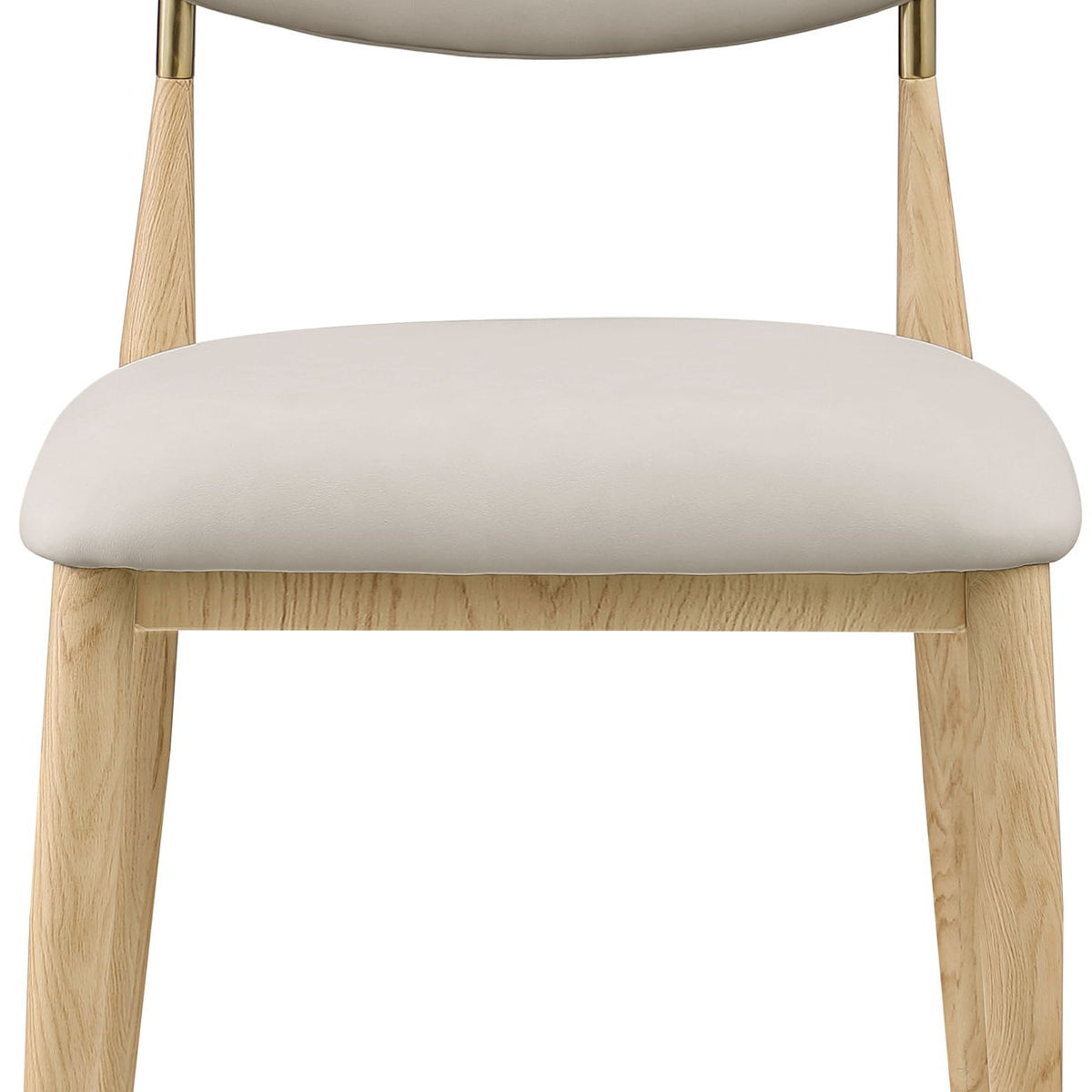 Vegan leather dining side chair with light beige cushioned seat and light wood legs