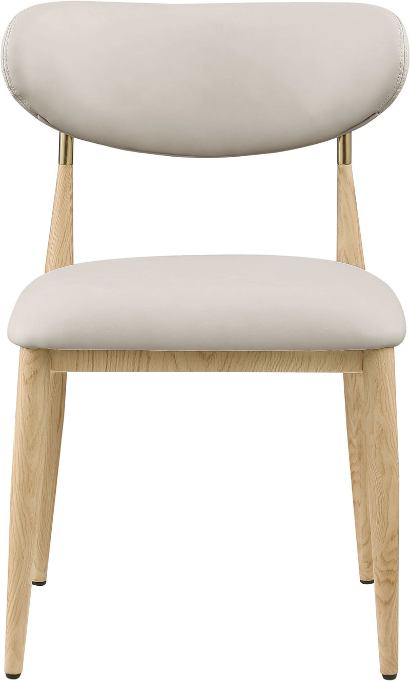 Vegan leather dining side chair with light beige cushioned seat and light wood legs