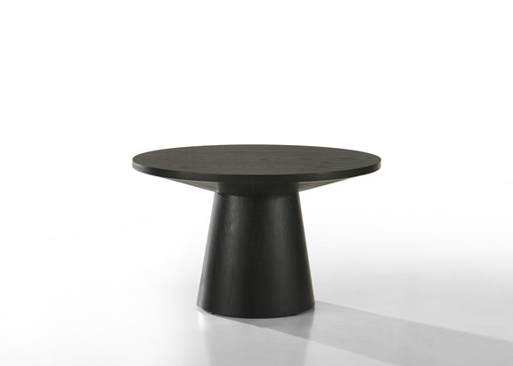 Black round table with flared pedestal base and circular tabletop, full view