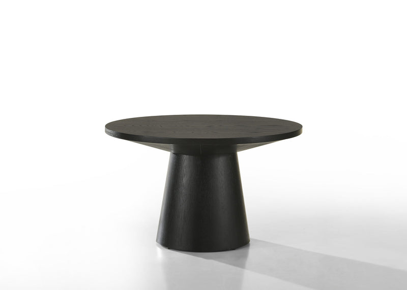 Black round table with flared pedestal base and circular tabletop, full view
