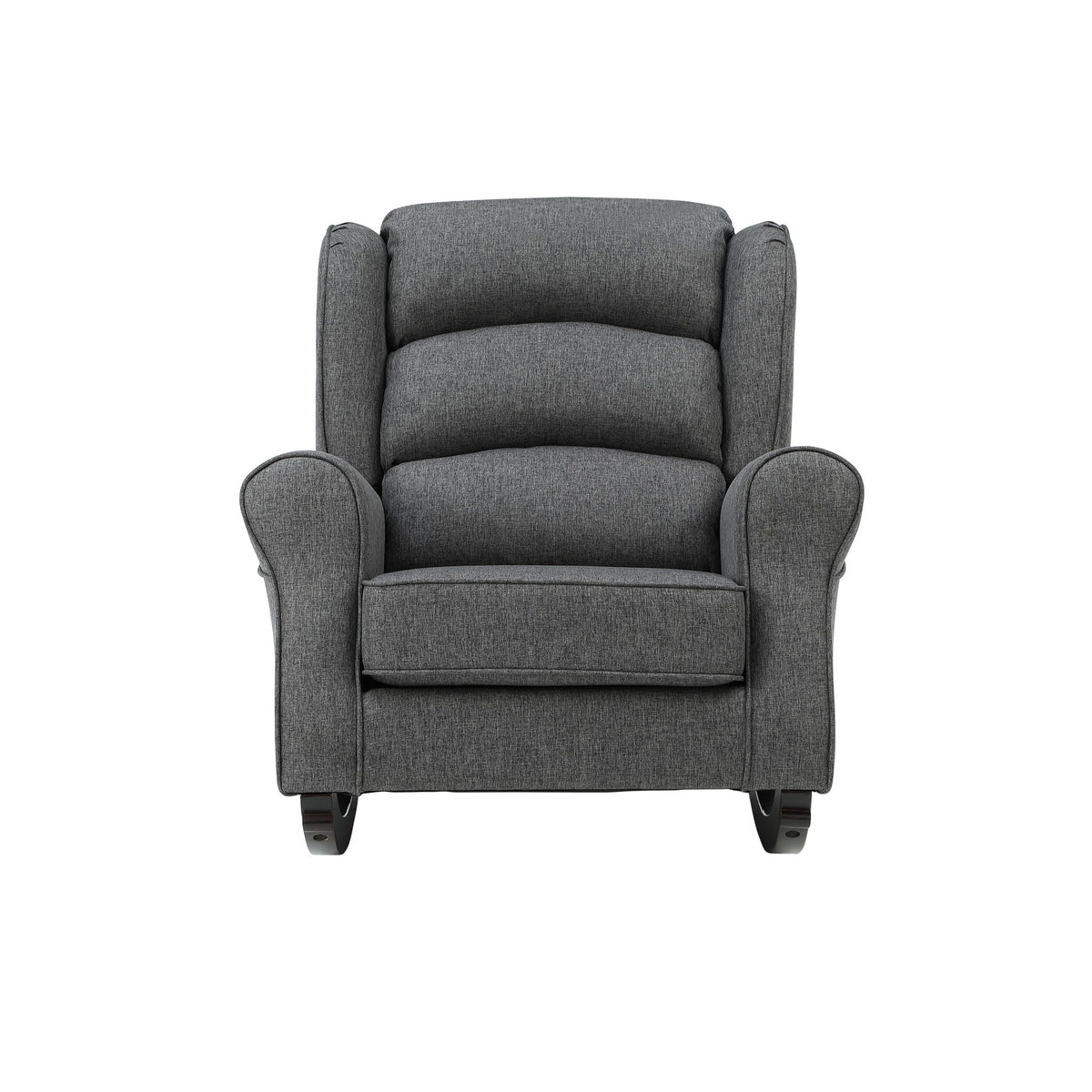 Gray fabric rocking chair with padded arms, rounded backrest, and foot base