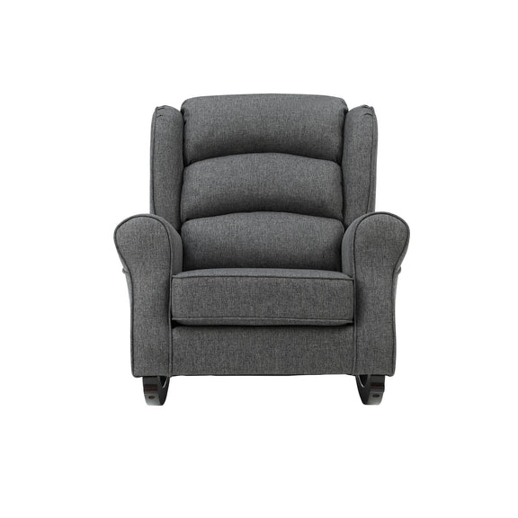 Gray fabric rocking chair with padded arms, rounded backrest, and foot base