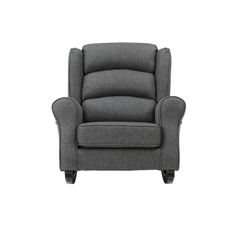 Gray fabric rocking chair with padded arms, rounded backrest, and foot base