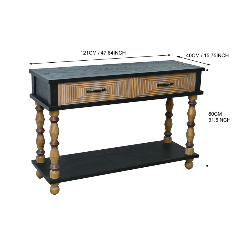 Accent Carved Console Table With Open Shelf And 2 Drawers Living Room - Black / Natural Wood Wash