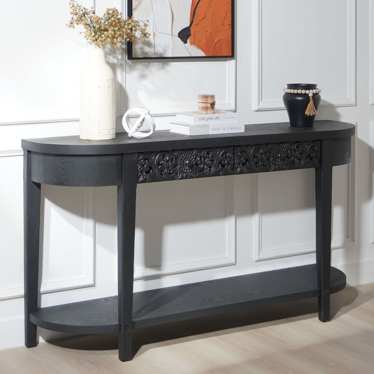 Carved Console Table With Storage Shelf For Living Room - Black