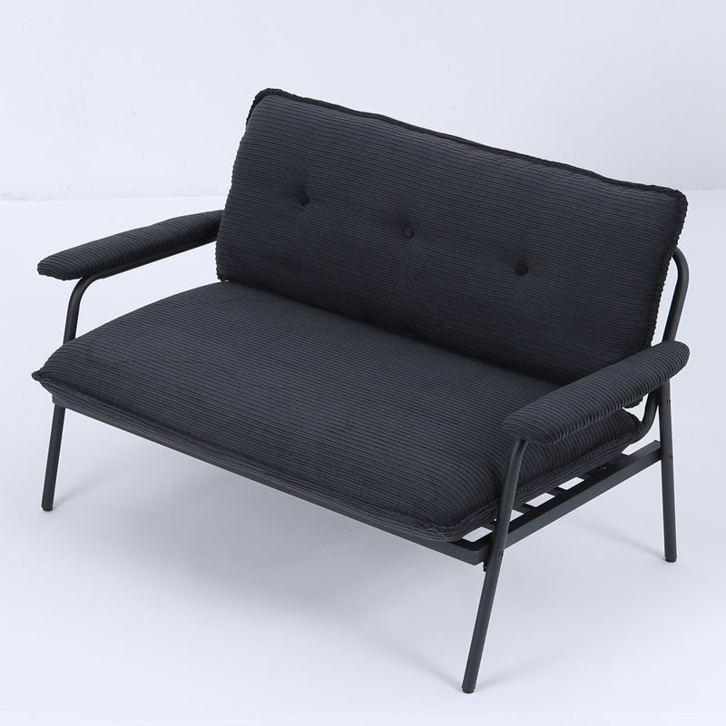 Dark gray metal frame sofa with striped upholstery and padded back cushion