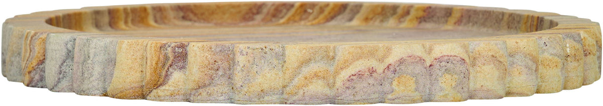 Sandstone tray rim with multicolor stone bands and scalloped outer edge