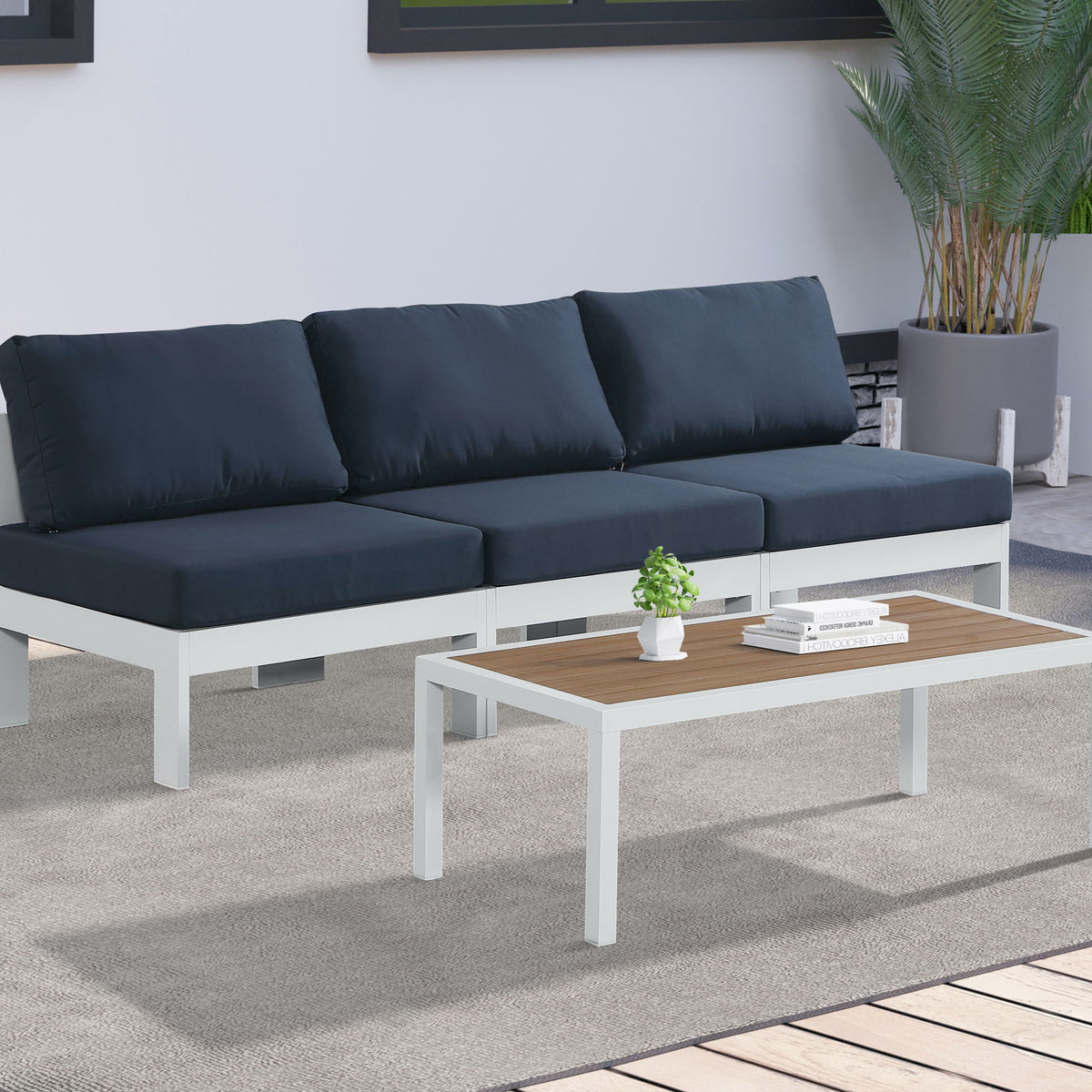 Nizuc - Outdoor Patio 3 Seat Armless Modular Sofa With White Frame