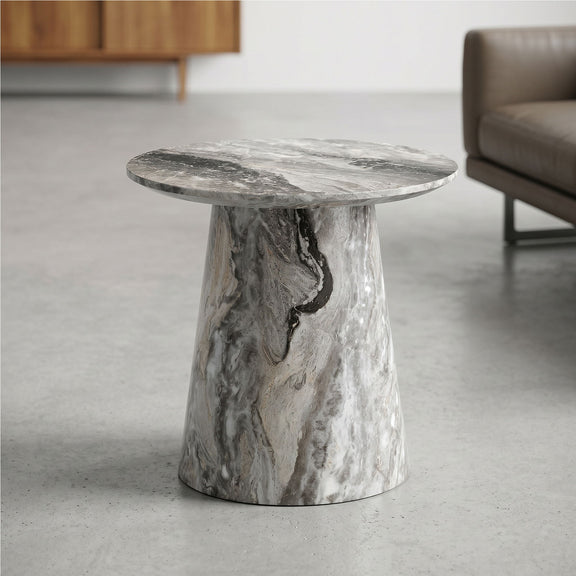 Marble-look circular coffee table with adjustable feet, dark gray/white veining.