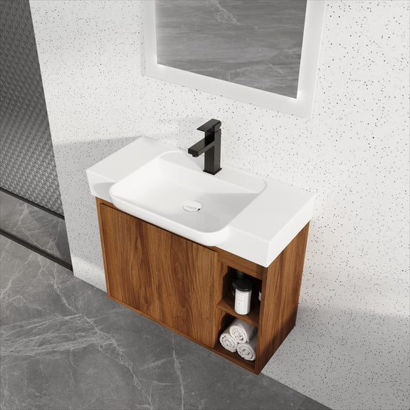 Wall-mounted bathroom vanity with white sink, dark brown wood cabinet, and open storage shelf