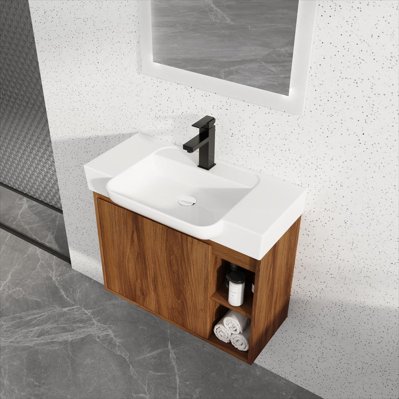 Wall-mounted bathroom vanity with white sink, dark brown wood cabinet, and open storage shelf
