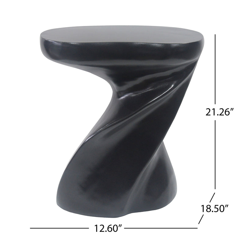 Twisted sculptural side table with round top and hourglass-shaped base in dark finish