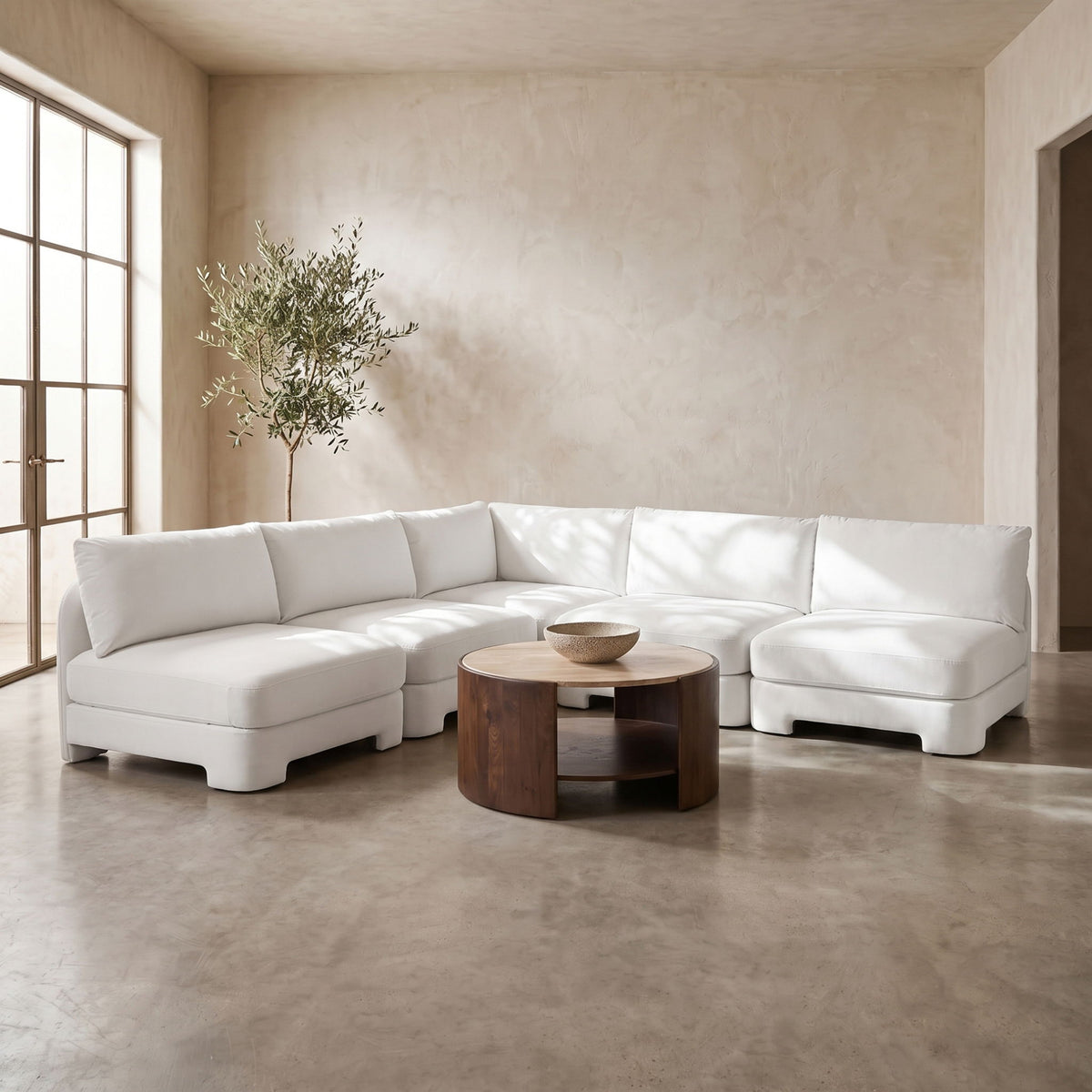 White velvet armless sectional sofa with 5-piece modular corner configuration