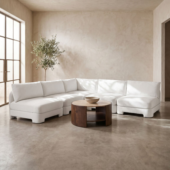 White velvet armless sectional sofa with 5-piece modular corner configuration