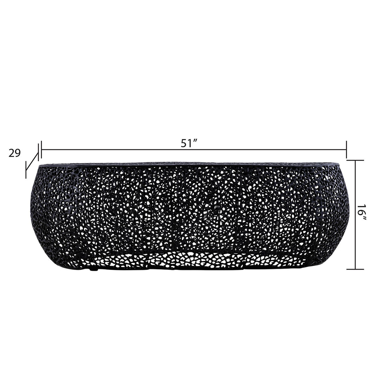 Black oval coffee table with speckled textured mosaic finish and curved side profile
